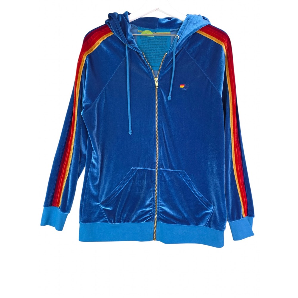 Aviator Nation Classic Velvet 5-Stripe Hoodie Women Large Vintage Blue Zip Up - Picture 2 of 7